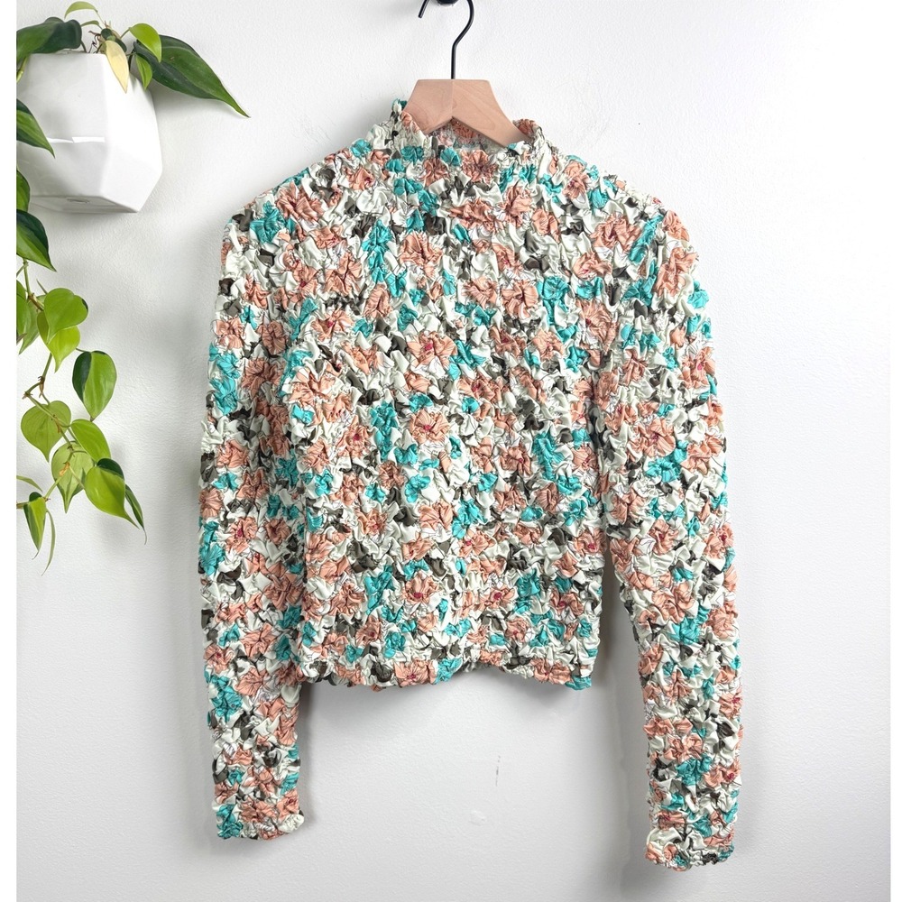 Dolan Anthropologie Printed Pebble-Smocked Mock Neck Top Popcorn M Eclectic Boho